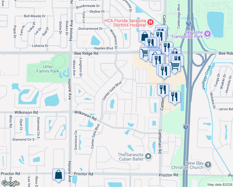 map of restaurants, bars, coffee shops, grocery stores, and more near 4211 Bowling Green Circle in Sarasota