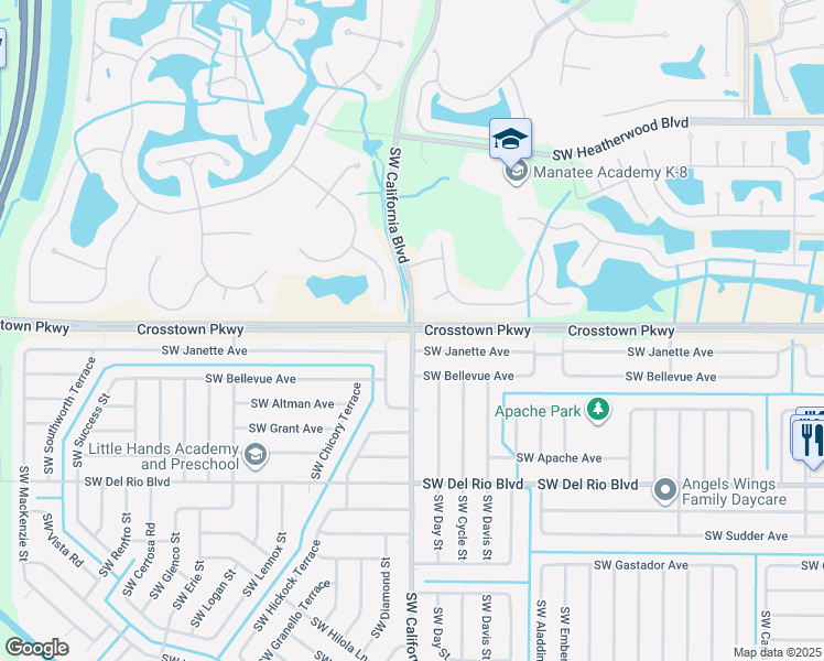map of restaurants, bars, coffee shops, grocery stores, and more near Crosstown Pkwy & SW California Blvd in Port St. Lucie