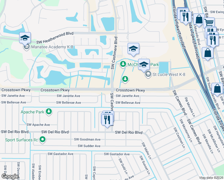 map of restaurants, bars, coffee shops, grocery stores, and more near Crosstown Pkwy & SW Cashmere Blvd in Port Saint Lucie