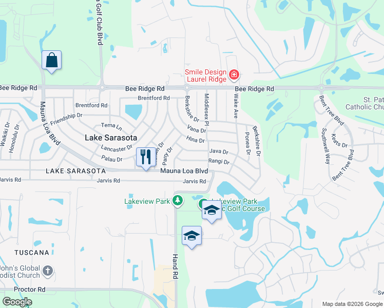 map of restaurants, bars, coffee shops, grocery stores, and more near 7132 Java Drive in Sarasota