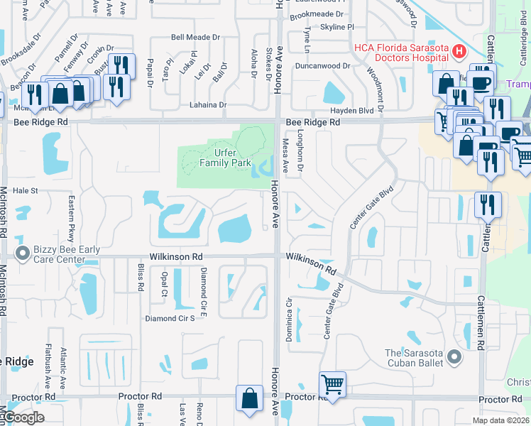map of restaurants, bars, coffee shops, grocery stores, and more near 4220 Via Piedra Circle in Sarasota