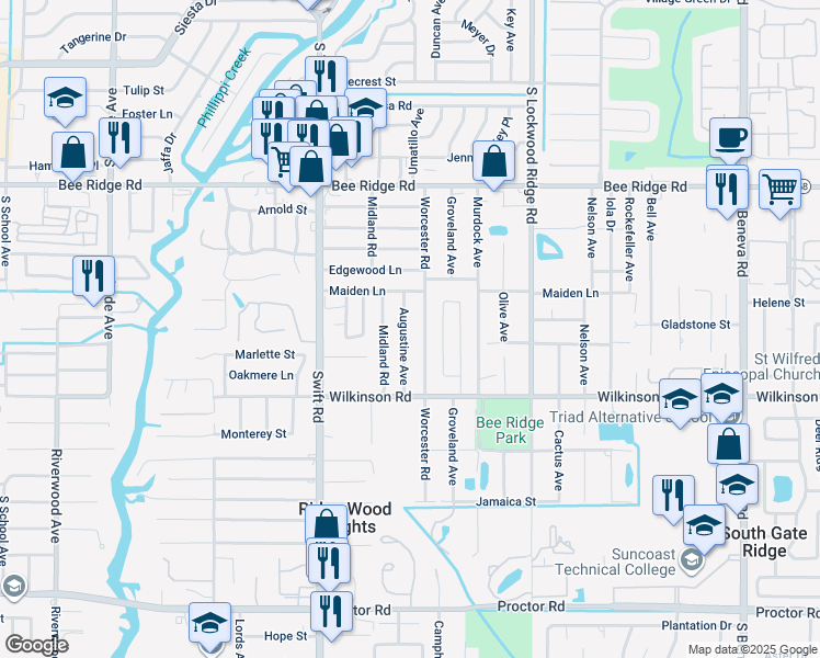 map of restaurants, bars, coffee shops, grocery stores, and more near 4213 Augustine Avenue in Sarasota
