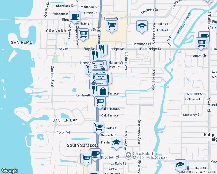 map of restaurants, bars, coffee shops, grocery stores, and more near 4149 South Tamiami Trail in Sarasota