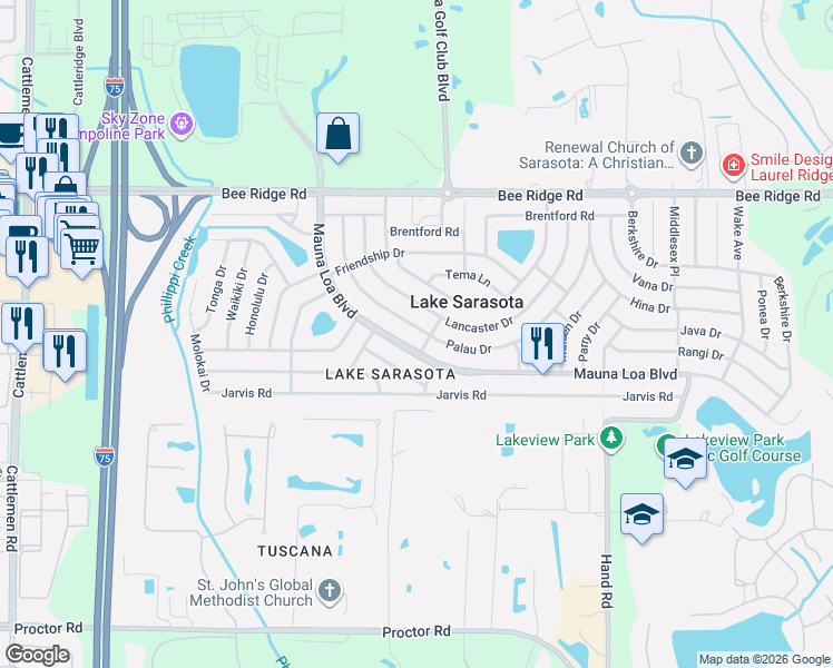 map of restaurants, bars, coffee shops, grocery stores, and more near 4121 Palau Drive in Sarasota