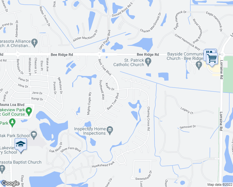 map of restaurants, bars, coffee shops, grocery stores, and more near 4216 Bent Tree Boulevard in Sarasota