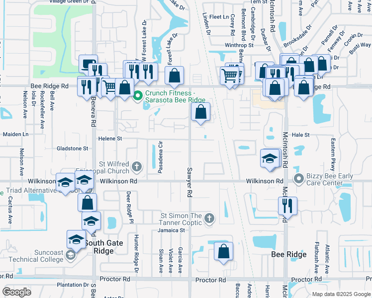 map of restaurants, bars, coffee shops, grocery stores, and more near 4329 Pasadena Court in Sarasota