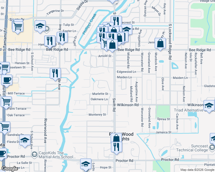 map of restaurants, bars, coffee shops, grocery stores, and more near 2784 Moss Oak Drive in Sarasota