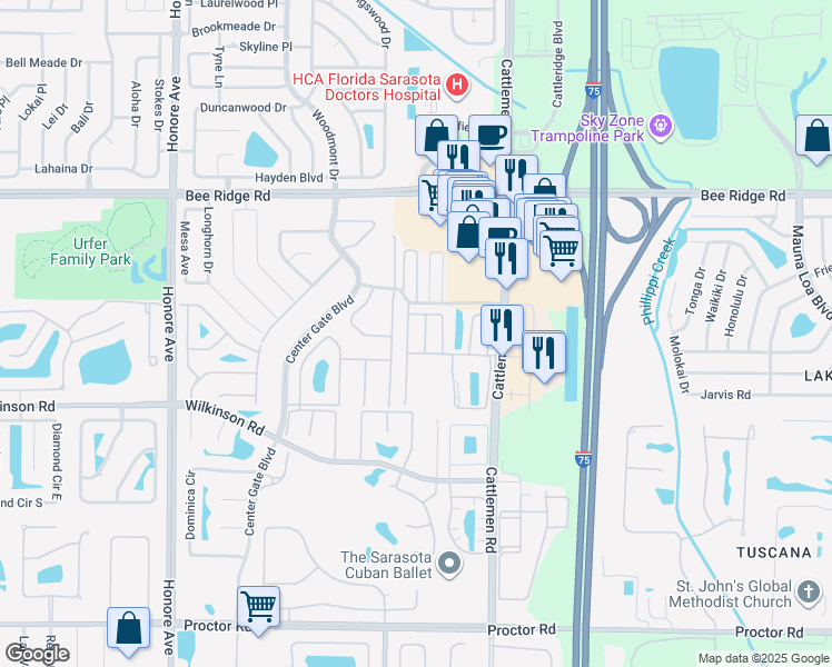 map of restaurants, bars, coffee shops, grocery stores, and more near 4150 Rosas Avenue in Sarasota