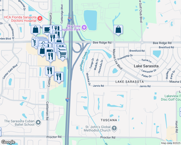 map of restaurants, bars, coffee shops, grocery stores, and more near 4161 Tonga Drive in Sarasota