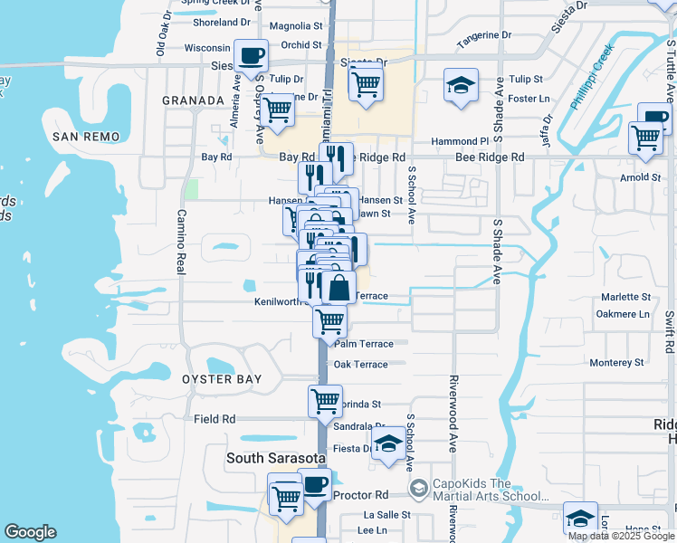 map of restaurants, bars, coffee shops, grocery stores, and more near 4131 South Tamiami Trail in Sarasota
