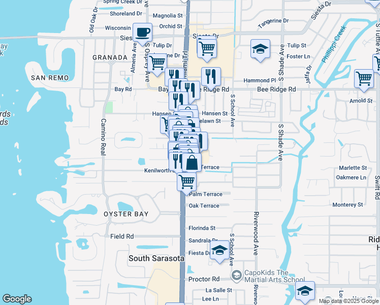 map of restaurants, bars, coffee shops, grocery stores, and more near 4131 South Tamiami Trail in Sarasota