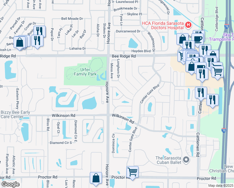 map of restaurants, bars, coffee shops, grocery stores, and more near 4172 Brittany Lane in Sarasota