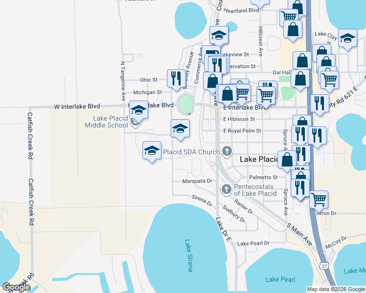 map of restaurants, bars, coffee shops, grocery stores, and more near 101 Green Dragon Drive in Lake Placid