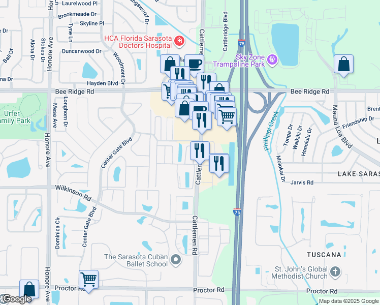 map of restaurants, bars, coffee shops, grocery stores, and more near 4165 Vallarta Court in Sarasota