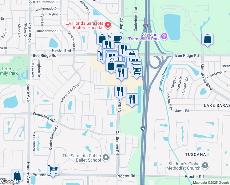 map of restaurants, bars, coffee shops, grocery stores, and more near 4121 Vallarta Court in Sarasota
