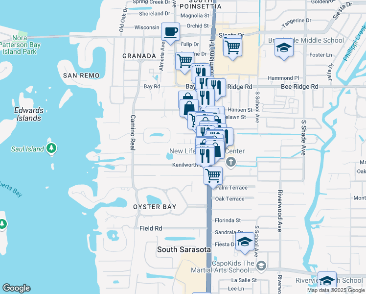 map of restaurants, bars, coffee shops, grocery stores, and more near 1814 Robinhood Street in Sarasota
