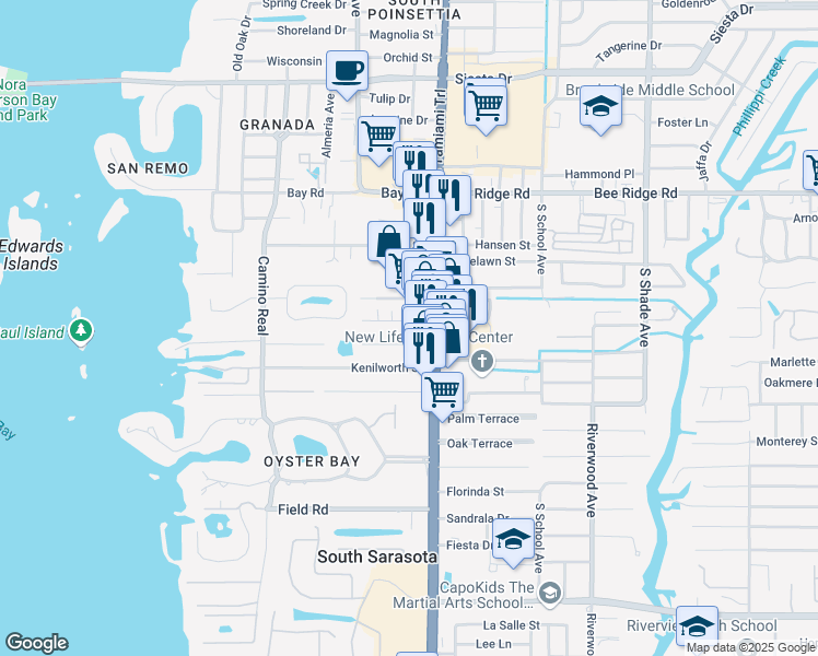 map of restaurants, bars, coffee shops, grocery stores, and more near 1910 Robinhood Street in Sarasota