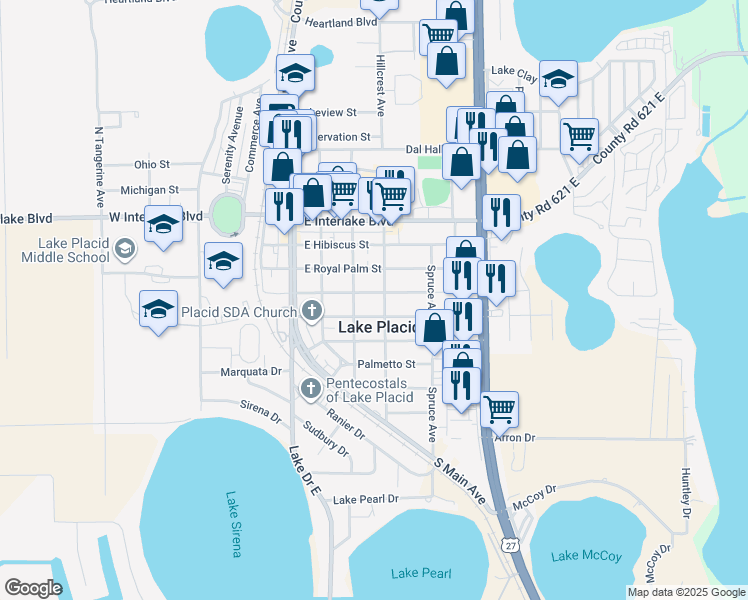 map of restaurants, bars, coffee shops, grocery stores, and more near 218 East Washingtonia Street in Lake Placid