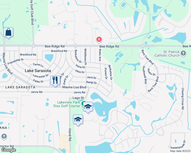 map of restaurants, bars, coffee shops, grocery stores, and more near 7245 Java Dr in Sarasota