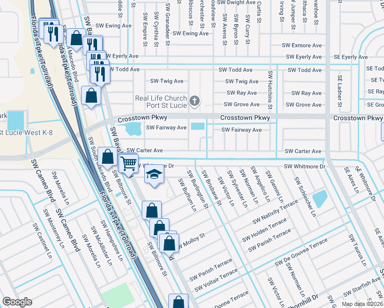 map of restaurants, bars, coffee shops, grocery stores, and more near 474 Southwest Carter Avenue in Port St. Lucie