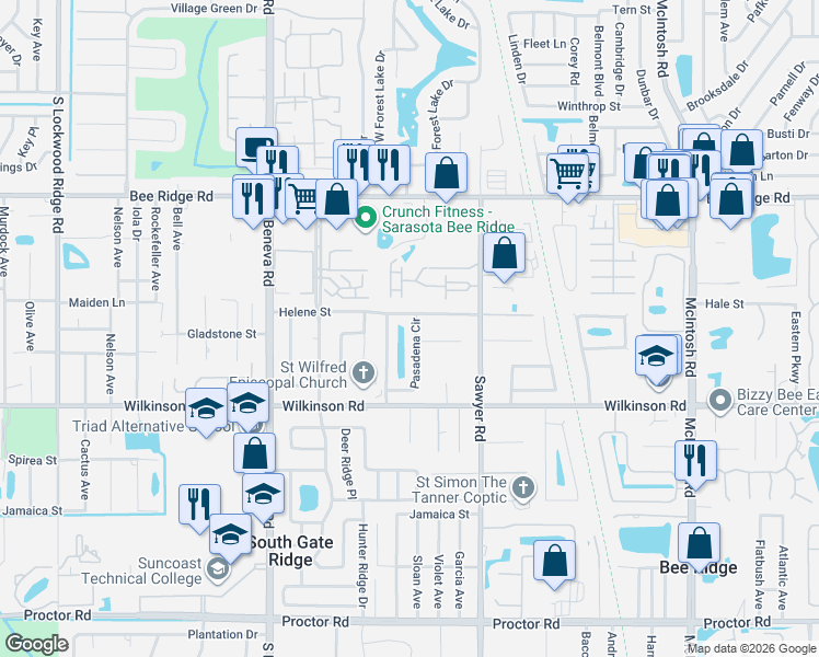 map of restaurants, bars, coffee shops, grocery stores, and more near 4225 Pasadena Circle in Sarasota