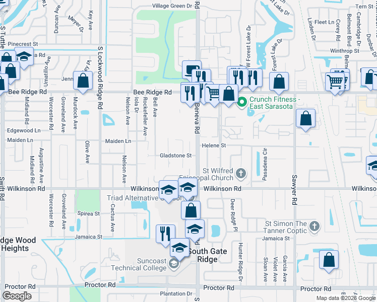 map of restaurants, bars, coffee shops, grocery stores, and more near 3553 Gladstone Street in Sarasota