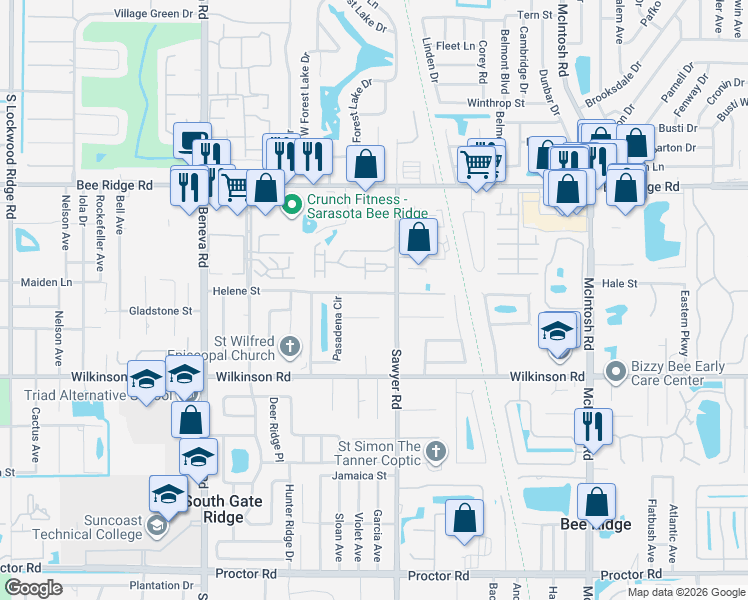 map of restaurants, bars, coffee shops, grocery stores, and more near 4315 Pasadena Court in Sarasota