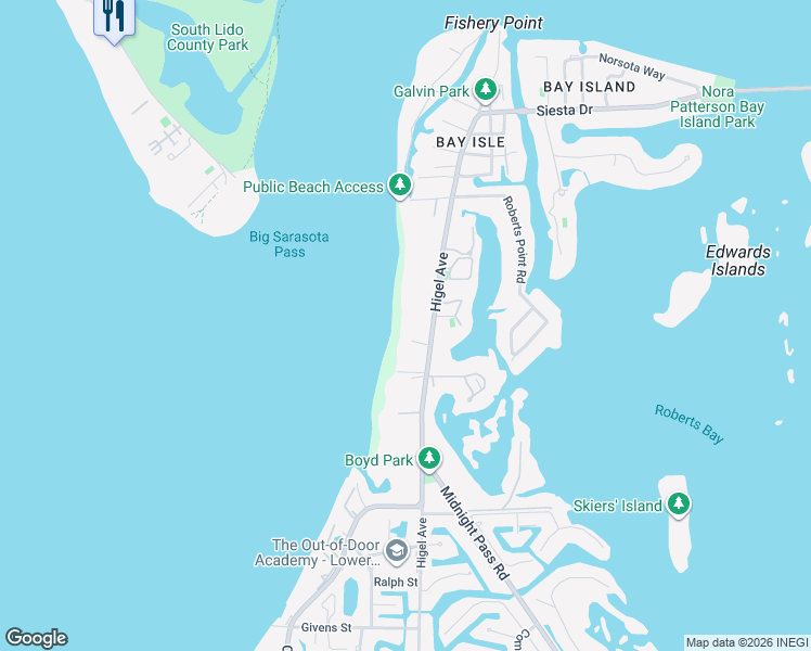 map of restaurants, bars, coffee shops, grocery stores, and more near 4125 Higel Avenue in Sarasota