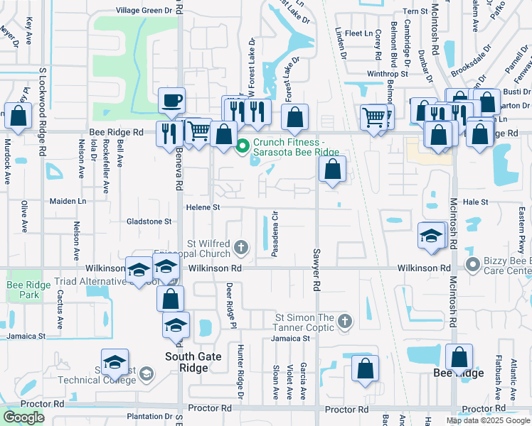 map of restaurants, bars, coffee shops, grocery stores, and more near 4225 Pasadena Circle in Sarasota