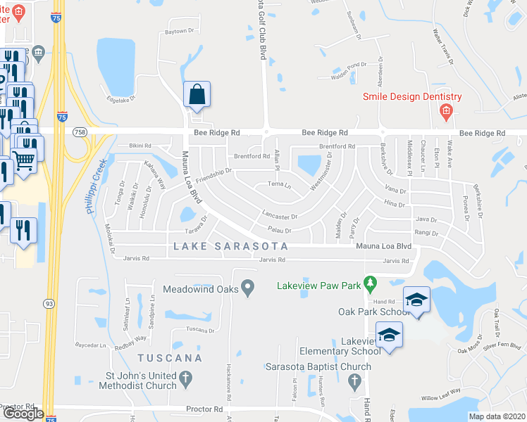 map of restaurants, bars, coffee shops, grocery stores, and more near 4098 Lancaster Drive in Sarasota