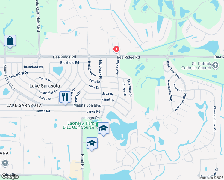 map of restaurants, bars, coffee shops, grocery stores, and more near 7245 Java Drive in Sarasota