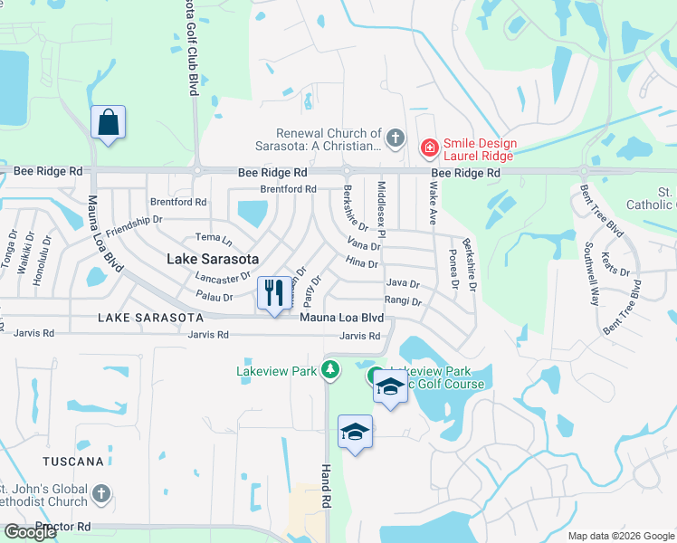map of restaurants, bars, coffee shops, grocery stores, and more near 7132 Java Drive in Sarasota