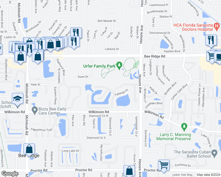 map of restaurants, bars, coffee shops, grocery stores, and more near 4349 Reflections Parkway in Sarasota