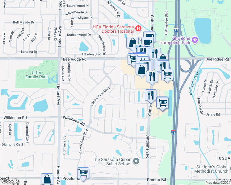 map of restaurants, bars, coffee shops, grocery stores, and more near 4235 Center Gate Lane in Sarasota