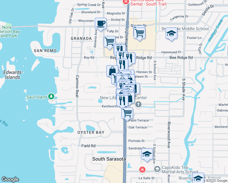 map of restaurants, bars, coffee shops, grocery stores, and more near 1910 Robinhood Street in Sarasota
