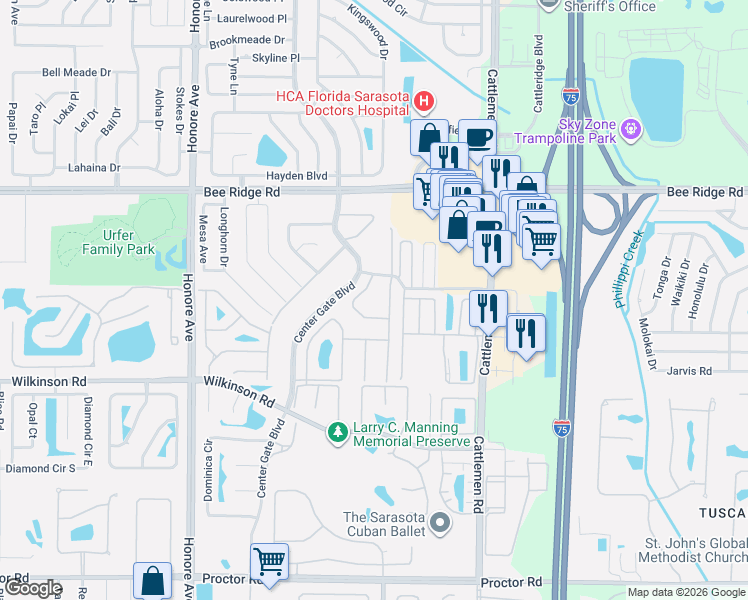 map of restaurants, bars, coffee shops, grocery stores, and more near 4235 Center Gate Lane in Sarasota