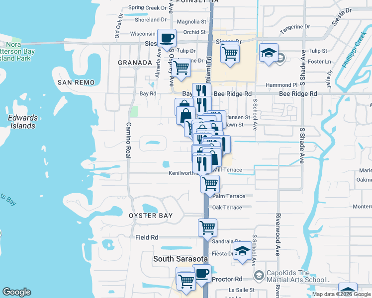 map of restaurants, bars, coffee shops, grocery stores, and more near 1814 Robinhood Street in Sarasota