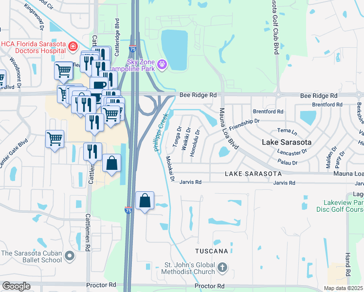 map of restaurants, bars, coffee shops, grocery stores, and more near 4161 Tonga Drive in Sarasota