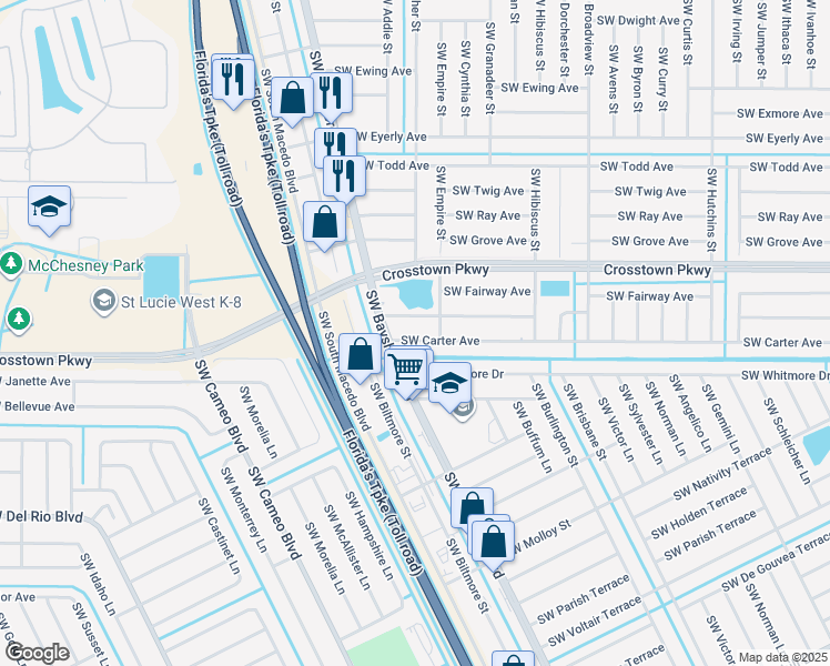 map of restaurants, bars, coffee shops, grocery stores, and more near 610 Southwest Carter Avenue in Port St. Lucie