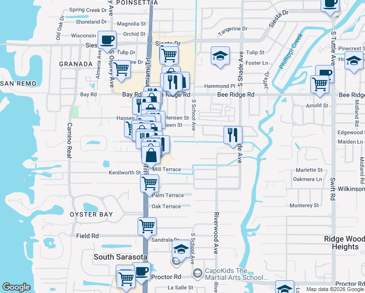 map of restaurants, bars, coffee shops, grocery stores, and more near 2126 Olentary Street in Sarasota