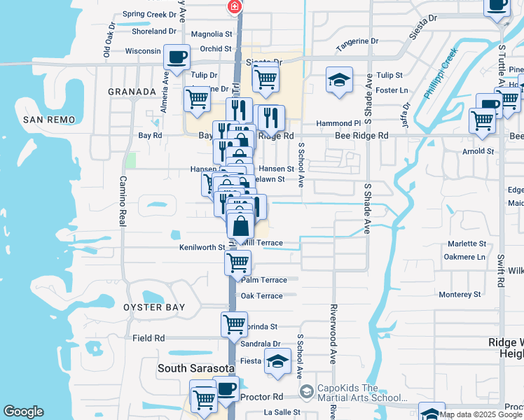 map of restaurants, bars, coffee shops, grocery stores, and more near 2055 Olentary Street in Sarasota