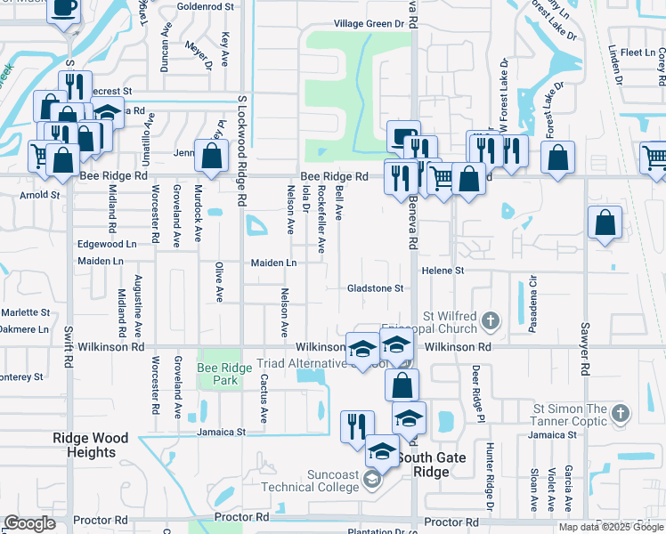 map of restaurants, bars, coffee shops, grocery stores, and more near 4110 Bell Avenue in Sarasota