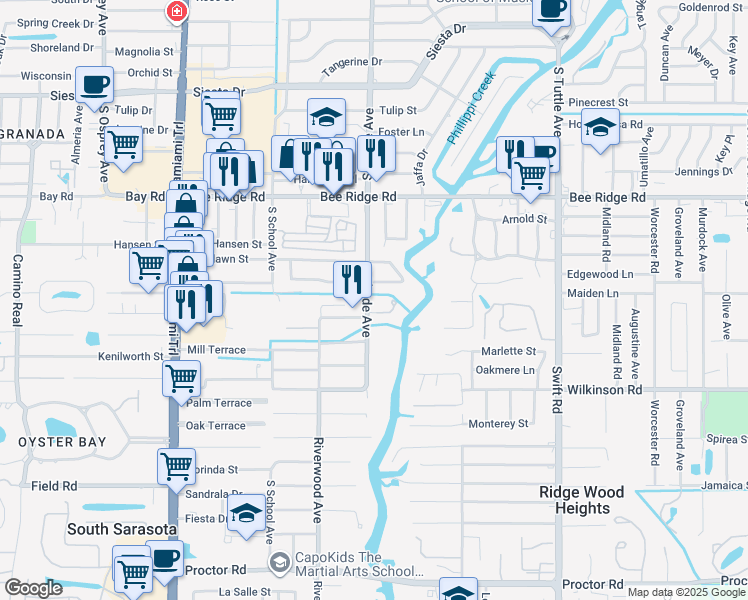 map of restaurants, bars, coffee shops, grocery stores, and more near 4054 South Shade Avenue in Sarasota
