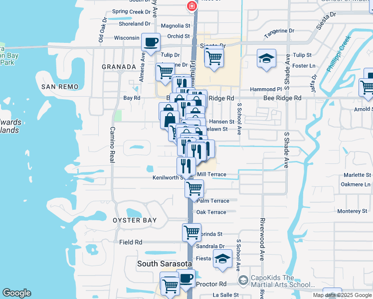 map of restaurants, bars, coffee shops, grocery stores, and more near 4034 South Tamiami Trail in Sarasota