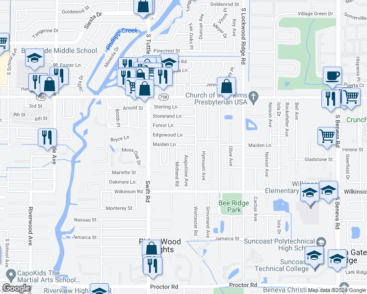 map of restaurants, bars, coffee shops, grocery stores, and more near 4128 Augustine Avenue in Sarasota
