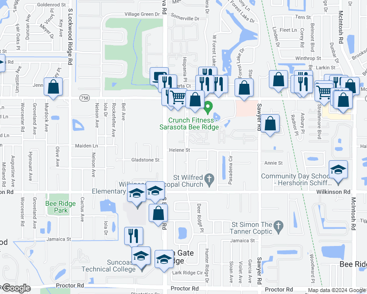 map of restaurants, bars, coffee shops, grocery stores, and more near 3673 Helene Street in Sarasota