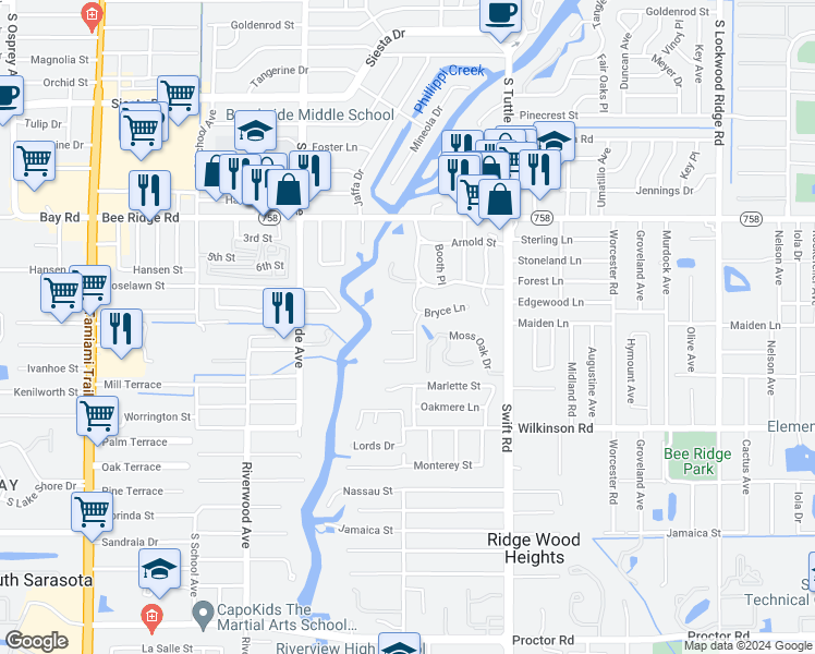 map of restaurants, bars, coffee shops, grocery stores, and more near 4120 Windemere Place in Sarasota