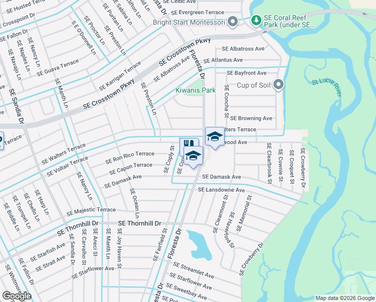 map of restaurants, bars, coffee shops, grocery stores, and more near 782 Southeast Voltair Terrace in Port St. Lucie