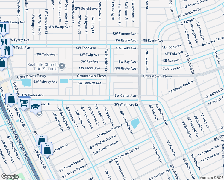 map of restaurants, bars, coffee shops, grocery stores, and more near 1566 Southwest Irving Street in Port St. Lucie