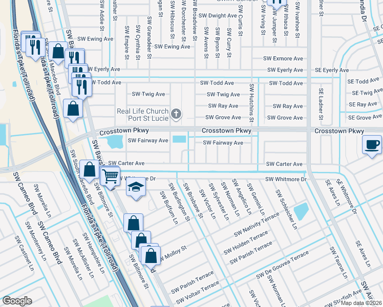 map of restaurants, bars, coffee shops, grocery stores, and more near 1550 Southwest Broadview Street in Port St. Lucie
